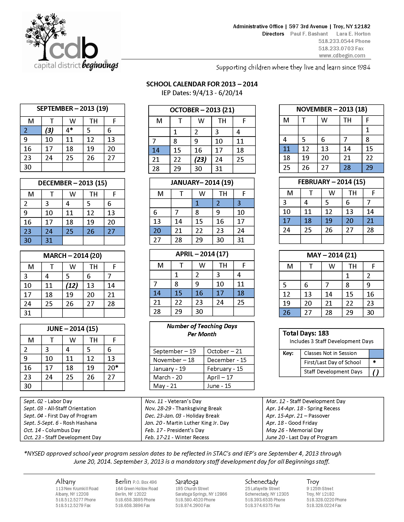 Capital District Beginnings Program Calendar
